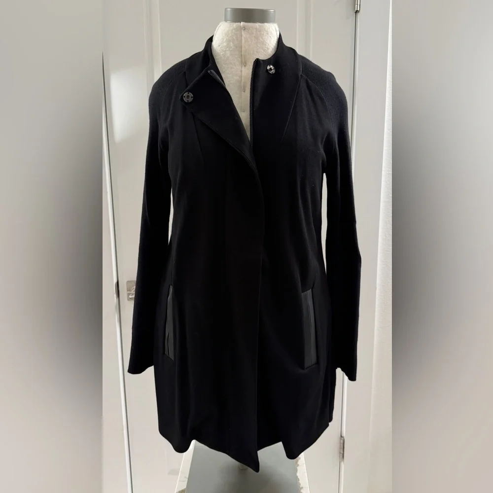CAbi Black Longline Sweater Jacket with Faux Leather-Trim Pockets